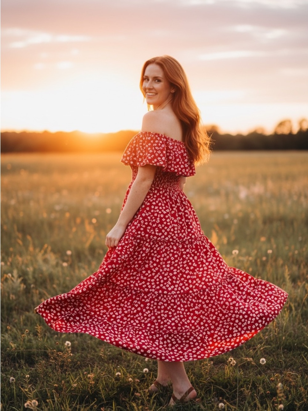 MSK Red Floral Off-Shoulder Tiered Midi Dress
